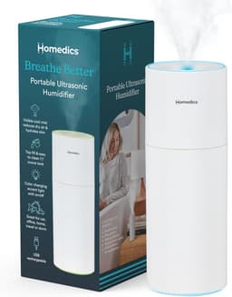 HoMedics Portable Humidifier, Small Cool Mist Humidifier with Color-Changing Light, White