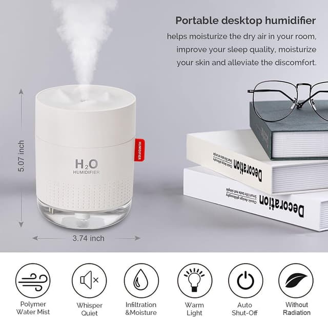 MOVTIP Portable Mini Humidifier, 500ML Cool Mist USB Desktop Humidifier, White