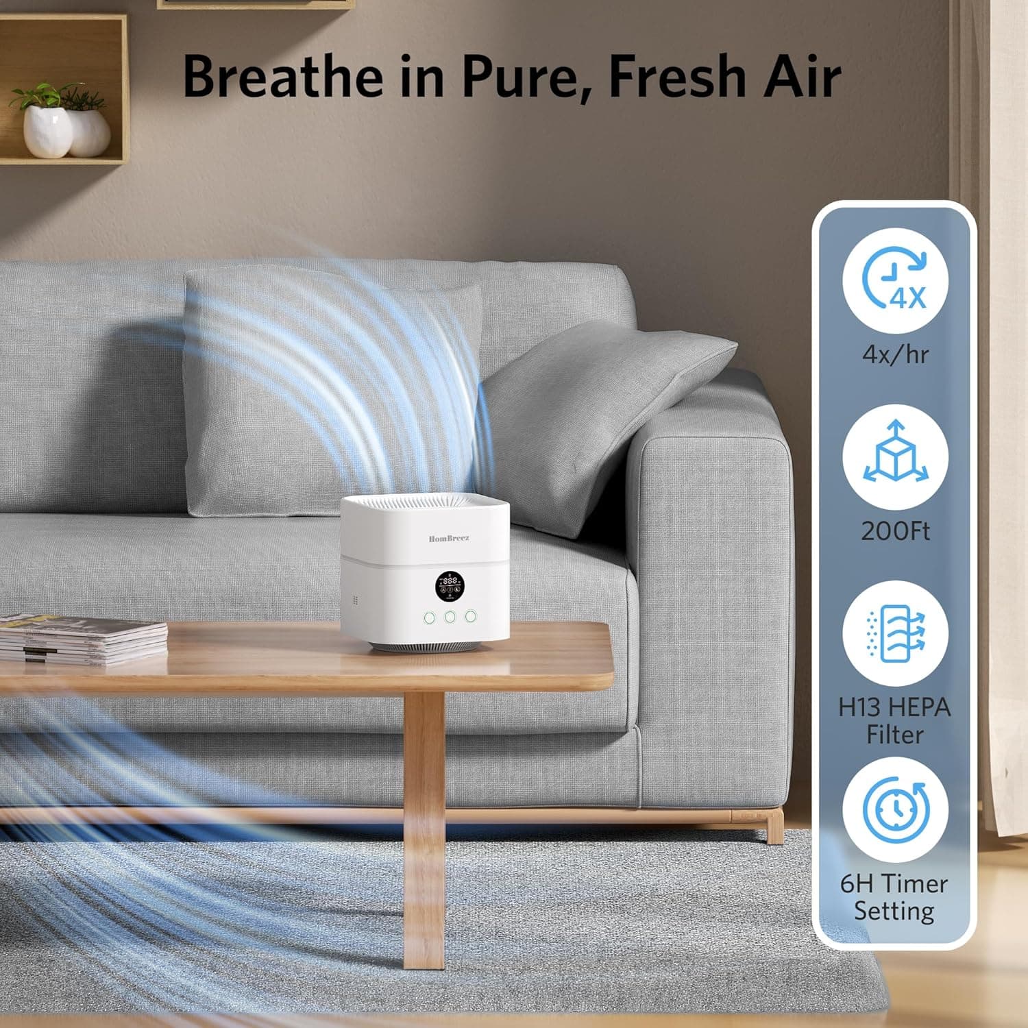 HomBreez Air Purifier and Humidifier Combo for Bedroom, H13 HEPA, 500ML, White