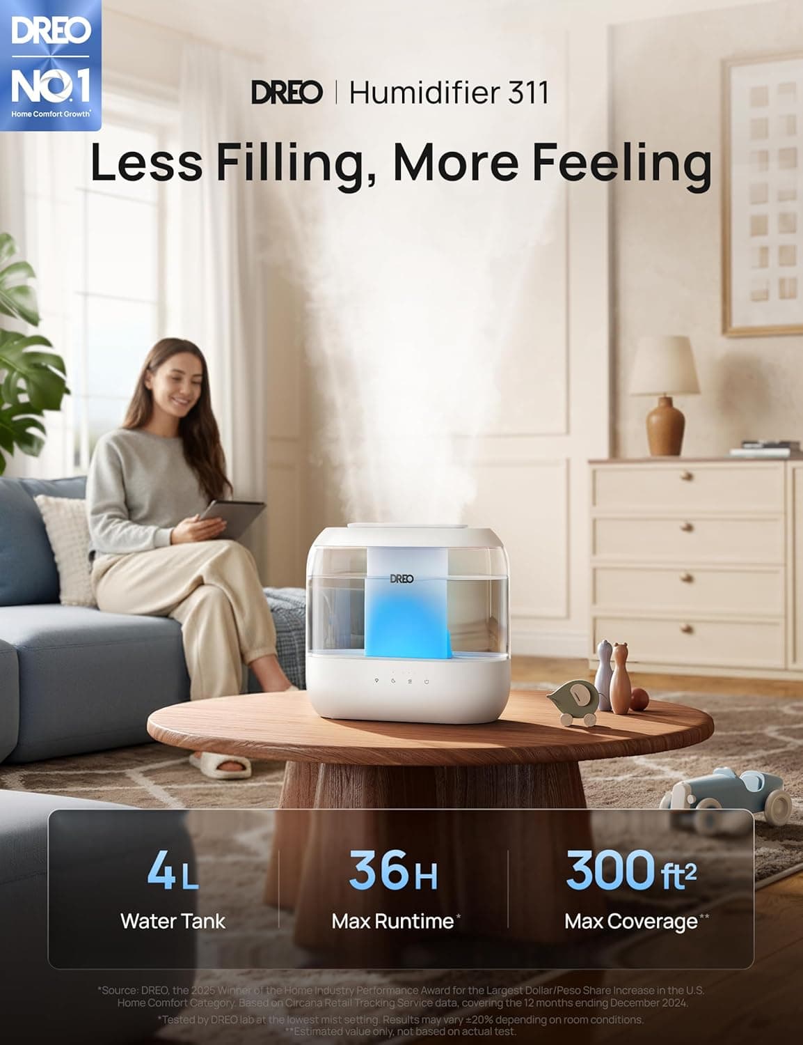 Dreo 4L Top Fill Cool Mist Humidifier for Bedroom, White